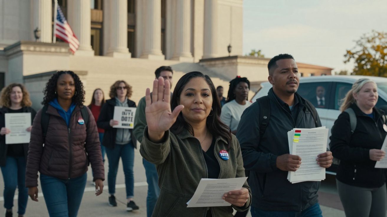 Grupo de pessoas a protestar com documentos em frente a um edifício público, uma mulher levanta a mão.