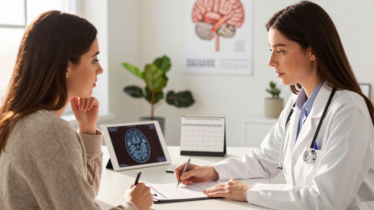 Médica a explicar resultados de exame cerebral a paciente numa consulta num consultório iluminado.