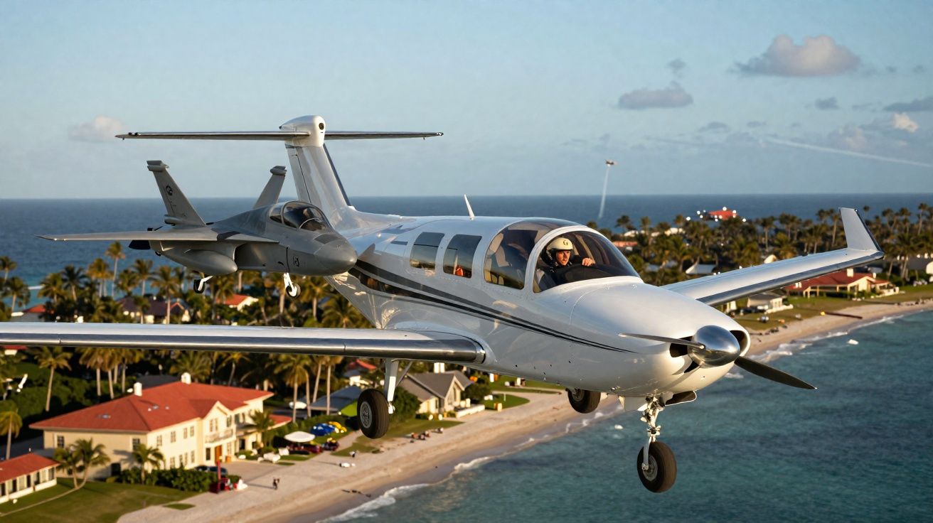 Avião pequeno branco a voar sobre uma praia com casas e palmeiras ao fundo.