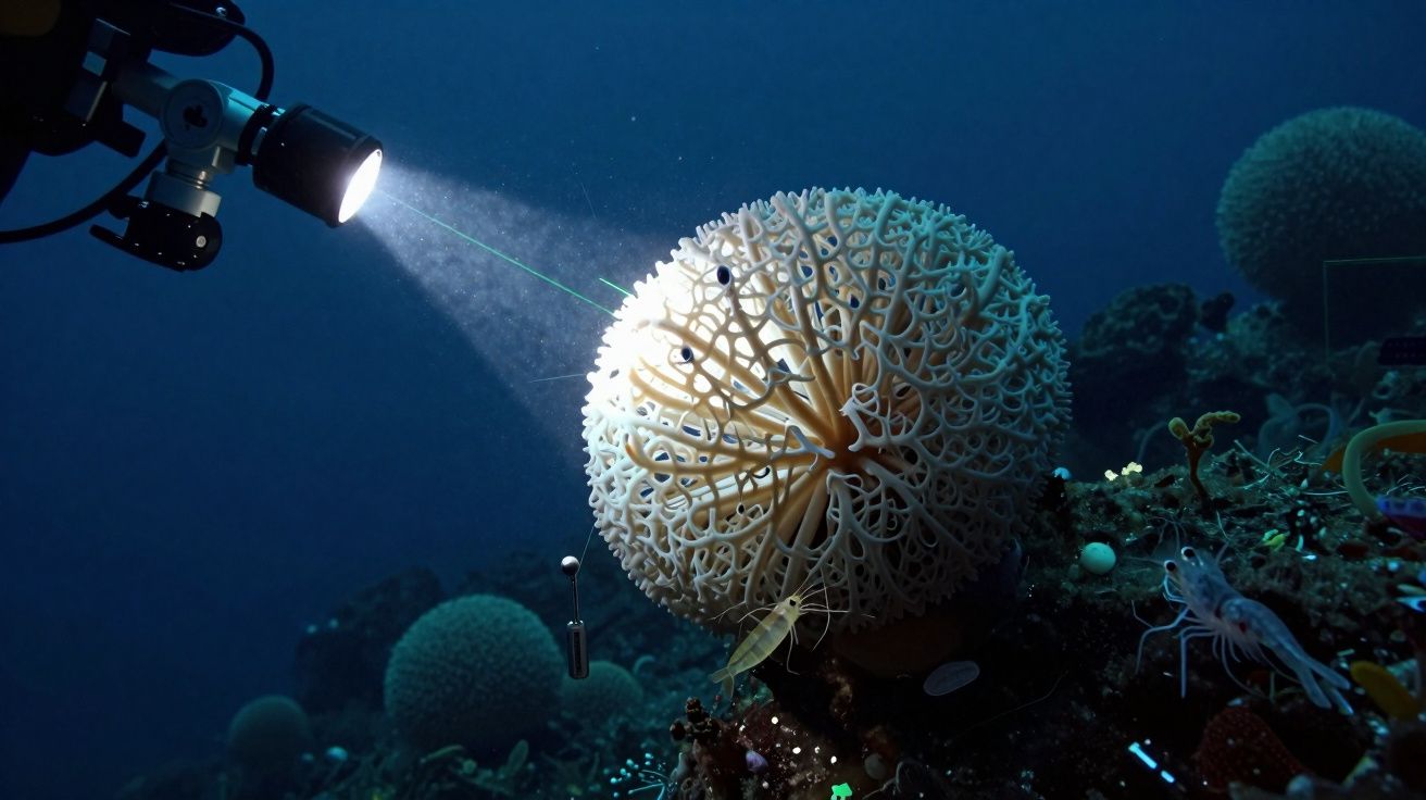 Iluminação subaquática de um coral esférico com estrutura ramificada e vida marinha ao redor.