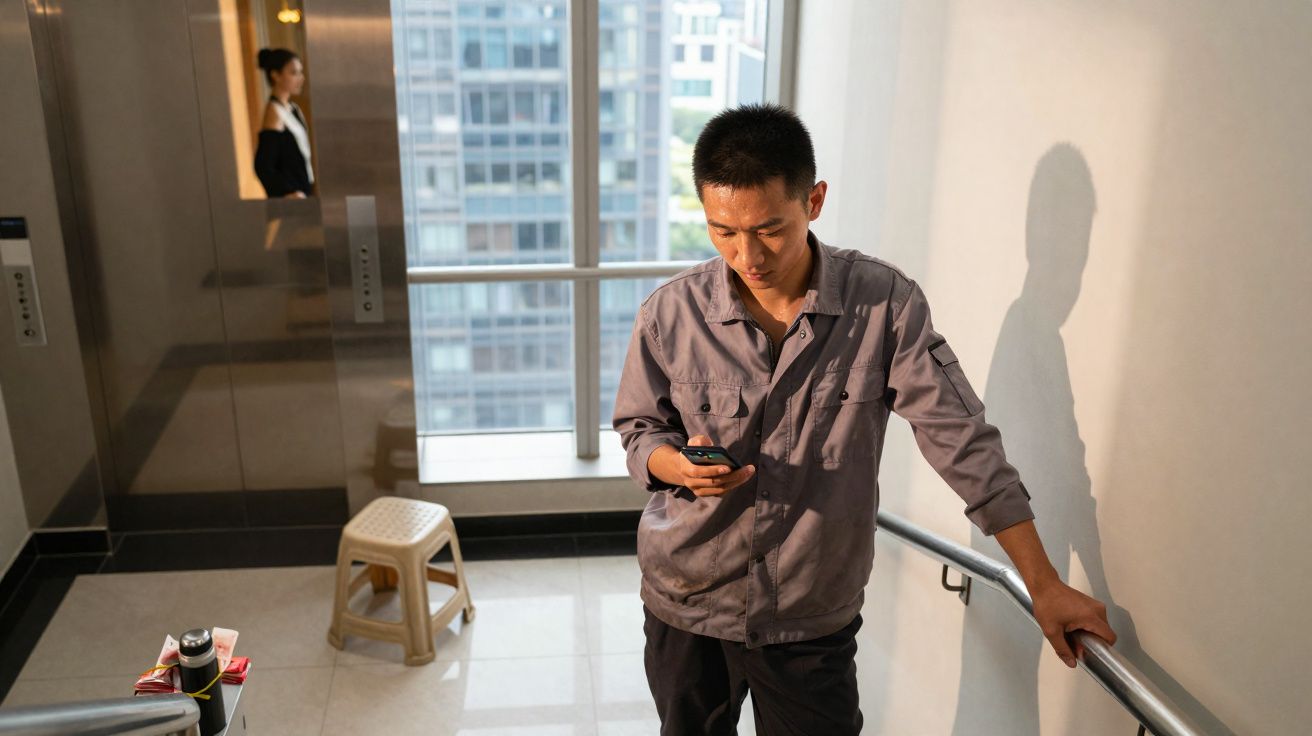 Homem em roupa de trabalho parado na escada a olhar para o telemóvel, com mulher ao fundo perto de elevador.