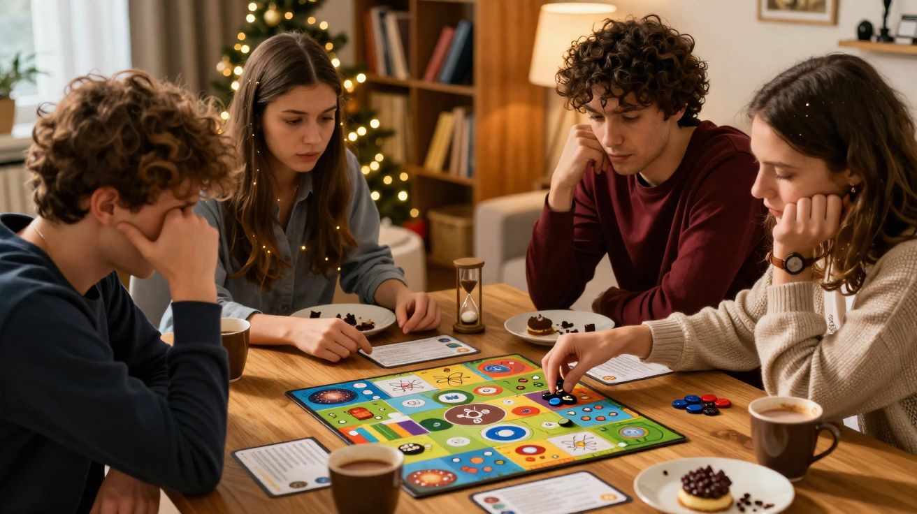 Quatro jovens sentados à mesa a jogar um jogo de tabuleiro numa sala decorada com árvore de Natal.