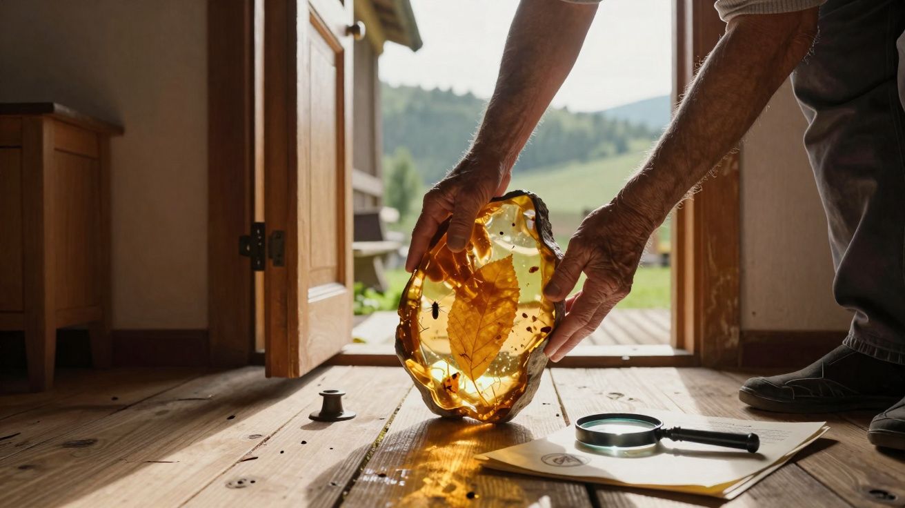 Pessoa segura pedaço grande de âmbar com insetos e uma folha, com lupa e papel no chão de madeira.