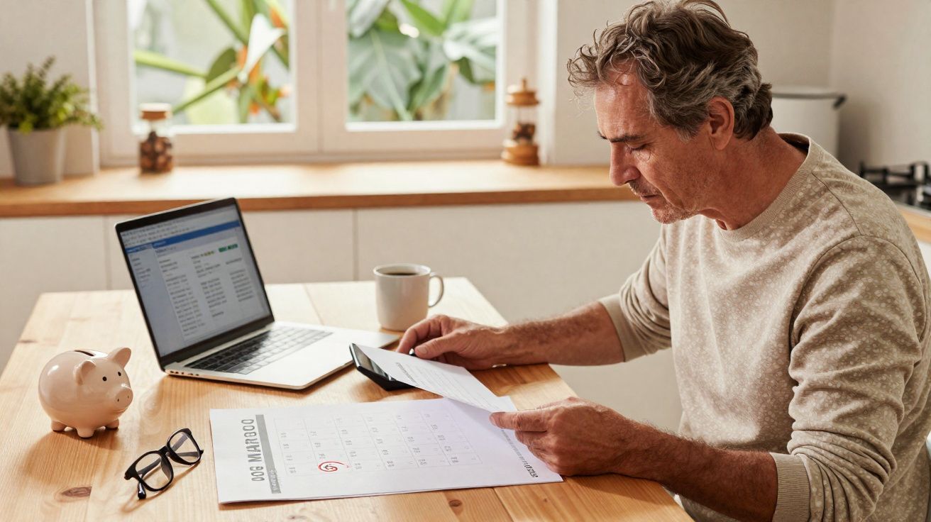 Homem sentado à mesa a analisar documentos com laptop, calendário, mealheiro e caneca à sua frente numa cozinha.