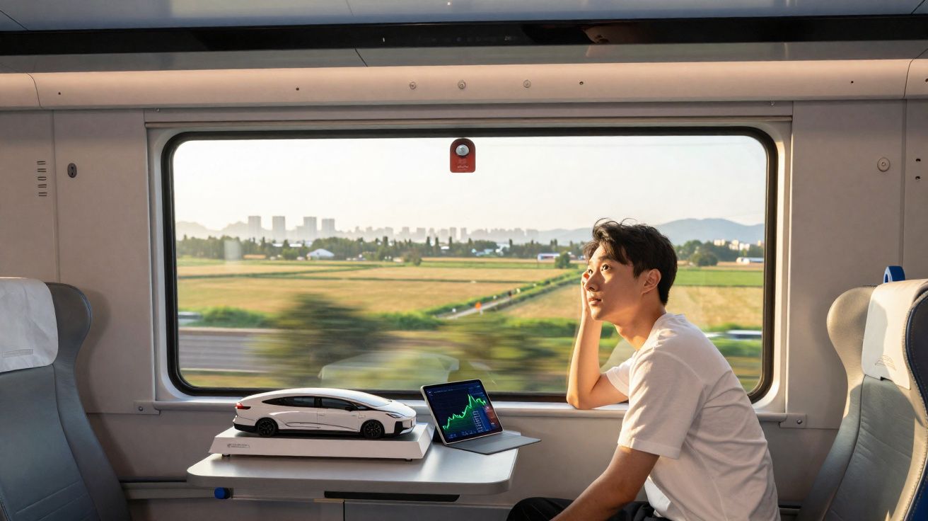 Homem sentado num comboio, com miniatura de carro e portátil com gráfico, olhando pela janela para paisagem rural.