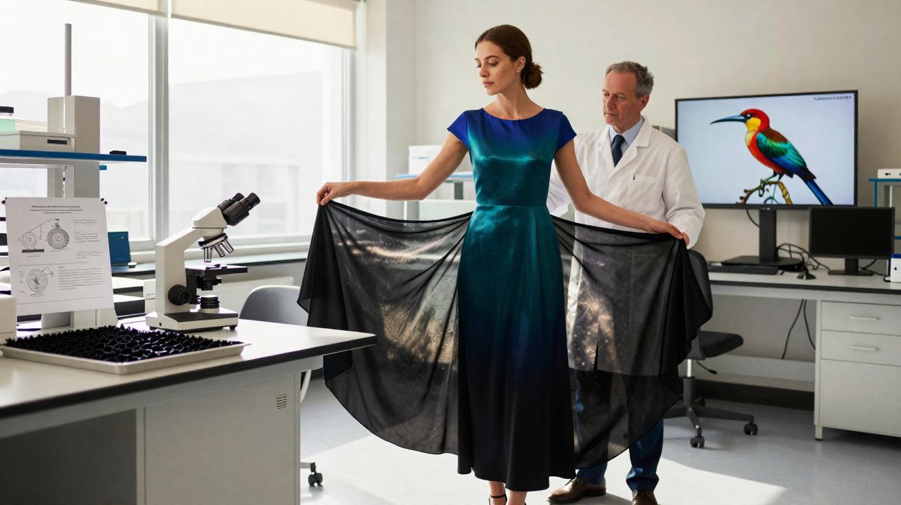 Mulher com vestido azul e preto é examinada por médico numa sala de laboratório com microscópio e ecrã.