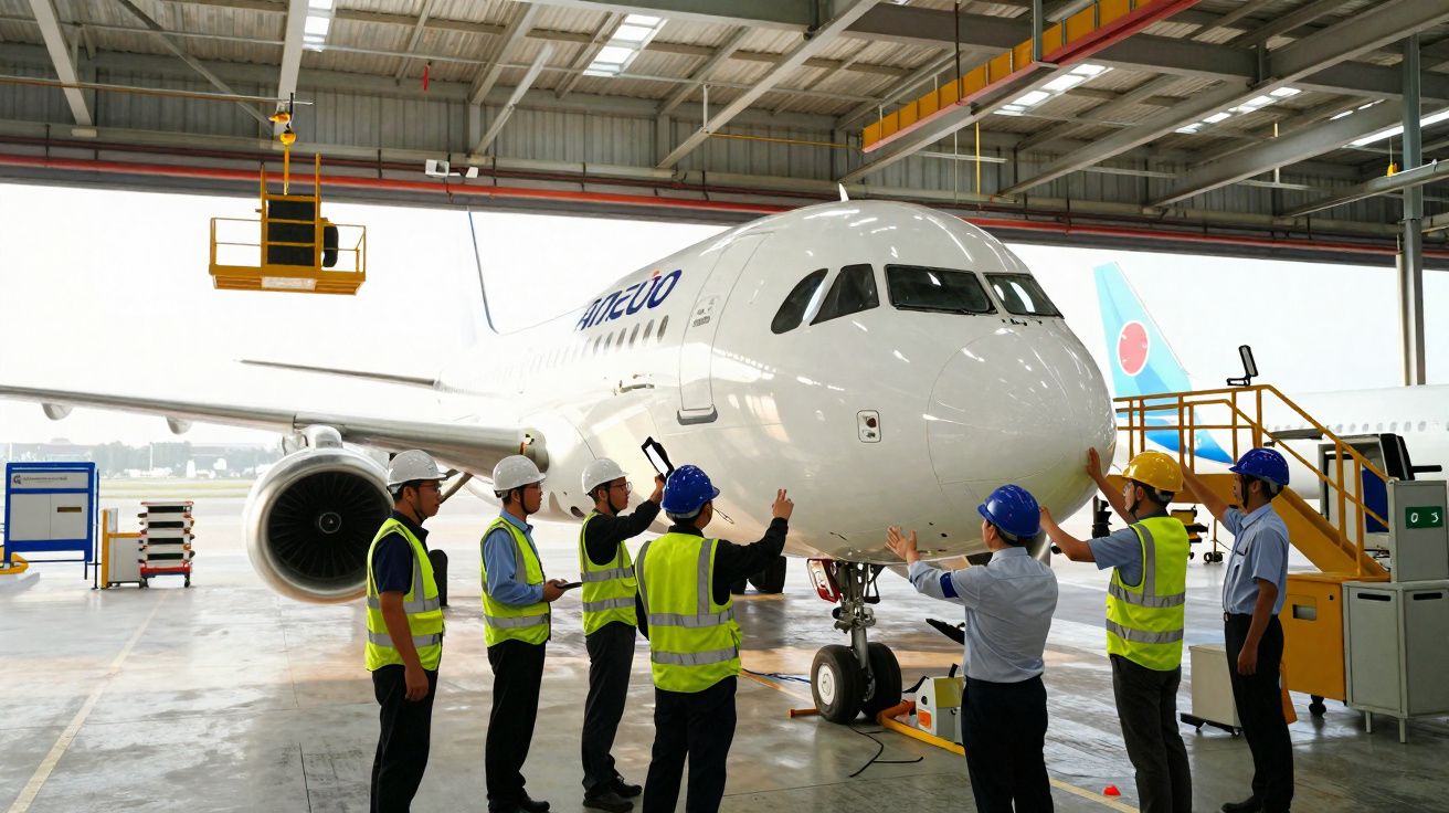 Técnicos com capacetes e coletes refletores inspecionam um avião branco em hangar.
