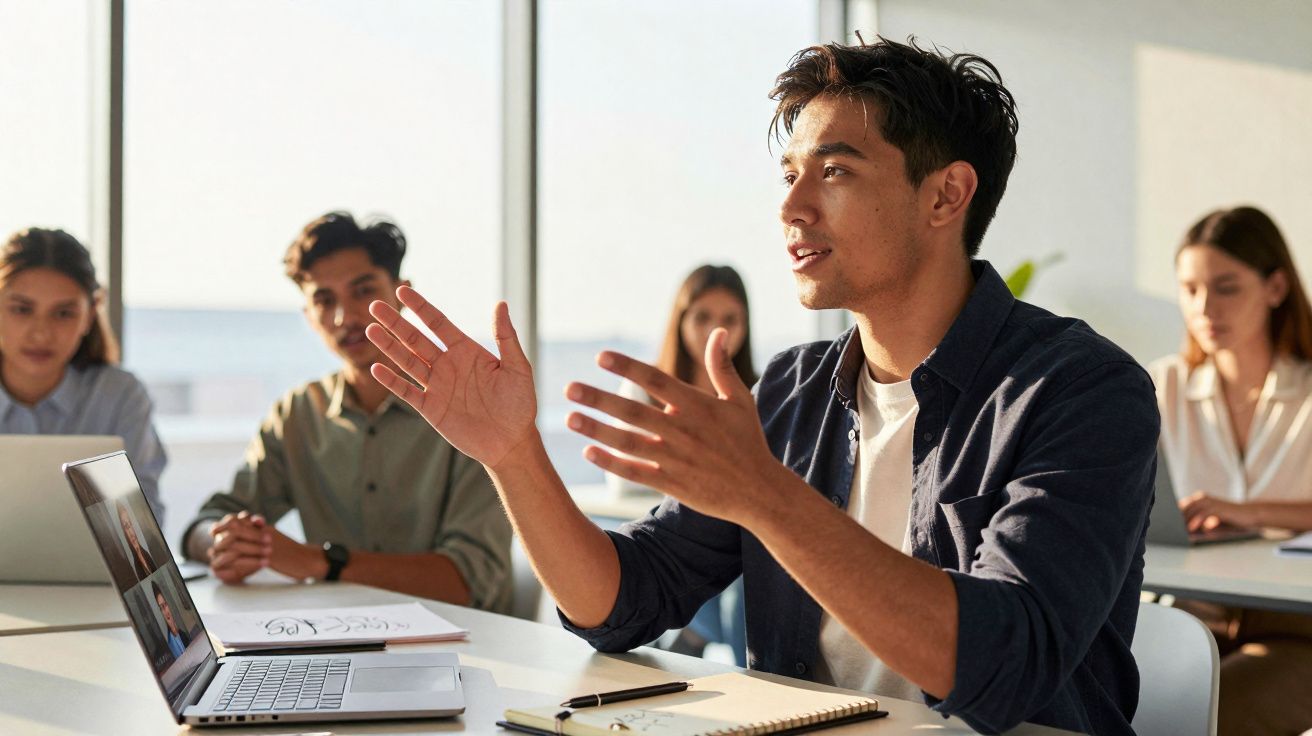 Jovem a falar entusiasticamente numa reunião de grupo com computador portátil e caderno à frente.