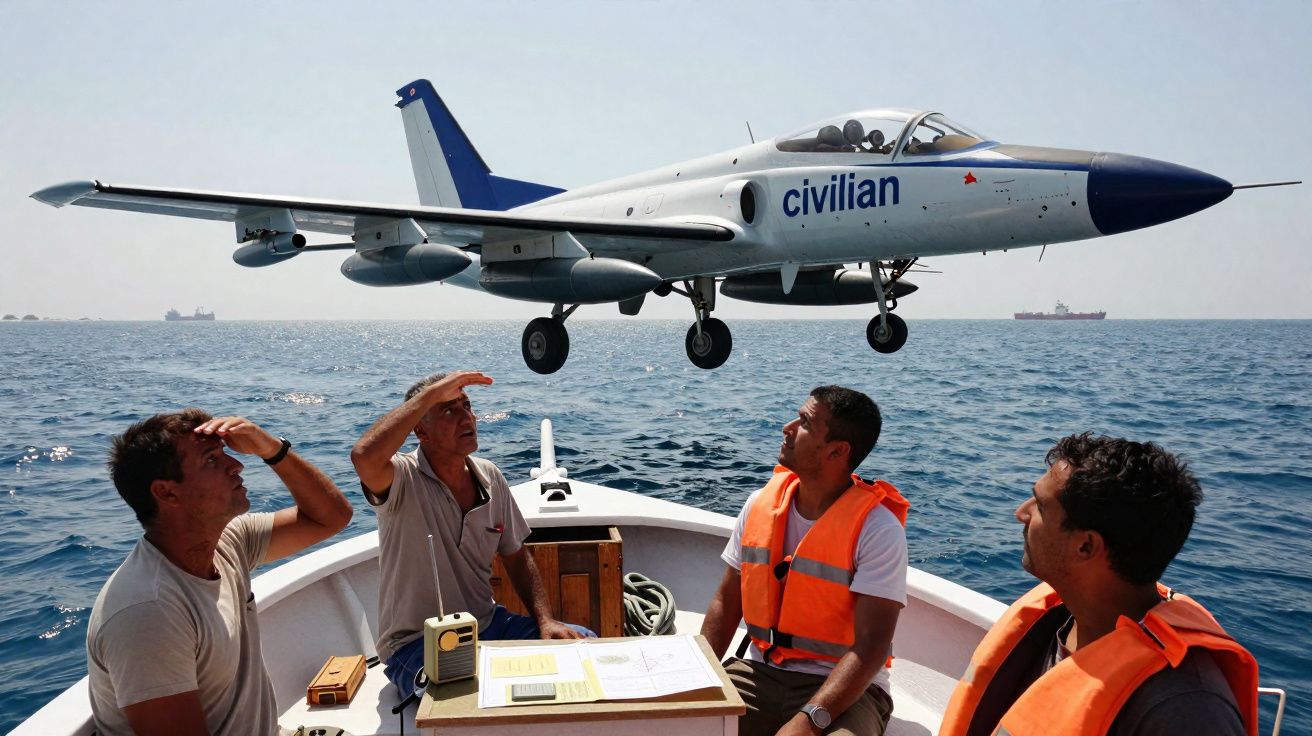 Quatro homens observam um avião pequeno com a inscrição "civilian" voando baixo sobre o mar, enquanto estão num barco.