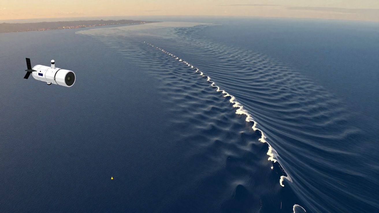 Imagem aérea de um dispositivo flutuante a monitorizar ondas no oceano junto à costa ao pôr do sol.
