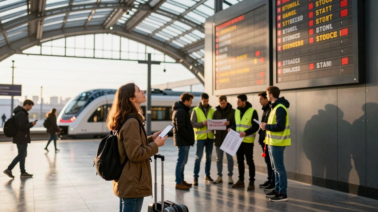Mulher com mala na mão consulta painel de horários numa estação de comboios com grupo ao fundo.