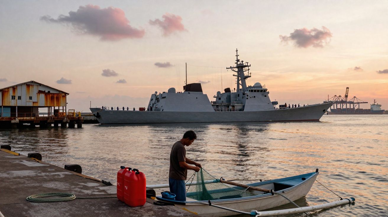 Homem prepara rede de pesca junto a barco pequeno no cais ao pôr do sol, com navio militar ao fundo.