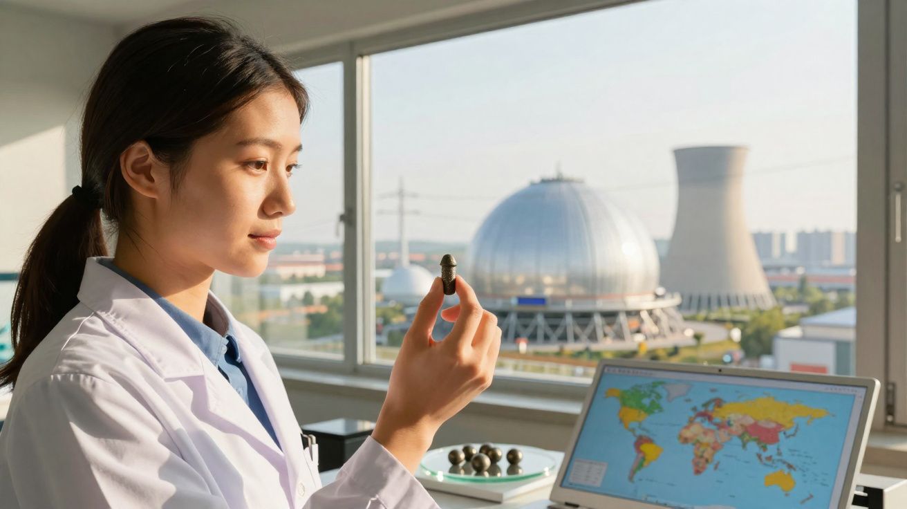 Cientista numa sala de laboratório a observar uma amostra com instalações nucleares ao fundo.