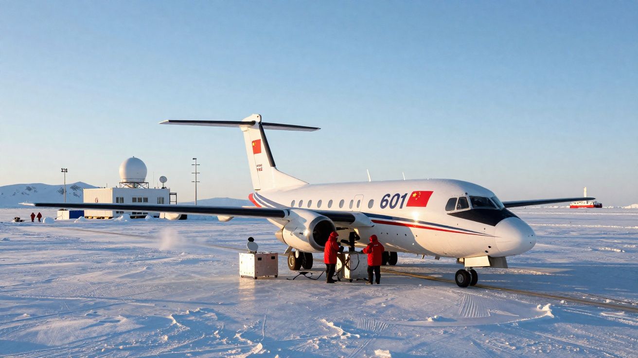 Avião branco com bandeira chinesa numa pista de gelo, com pessoas vestidas de vermelho a efectuar abastecimento.