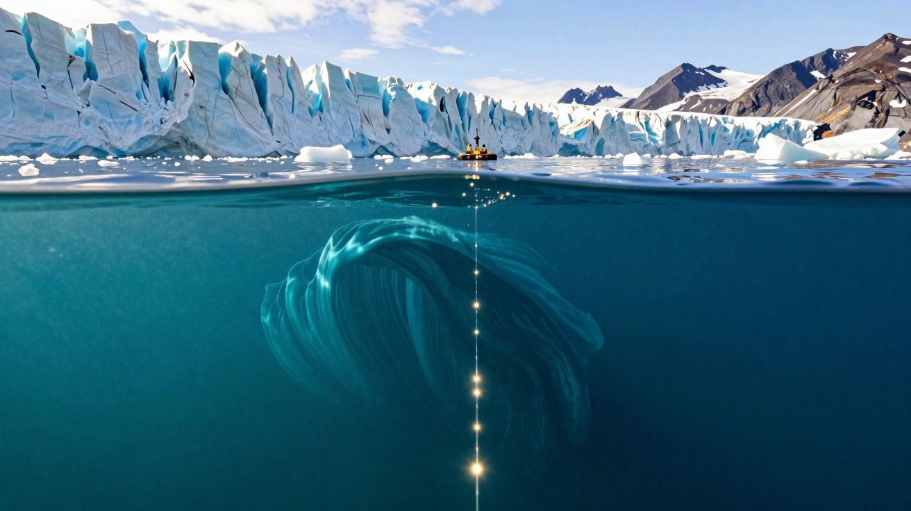 Barco junto a um glaciar e icebergues, com parte submersa de gelo visível sob a água clara.
