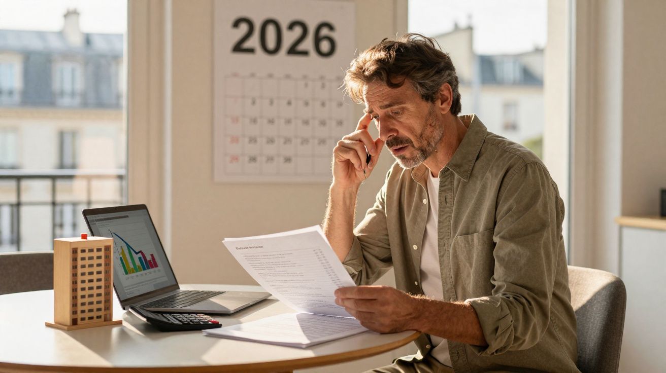 Homem preocupado analisa documentos financeiros sentado à mesa com computador e calendário de 2026 ao fundo.