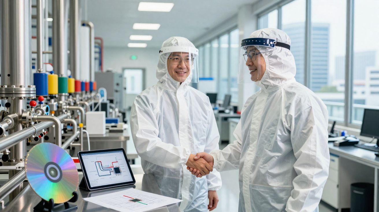 Dois cientistas de fato de proteção apertam as mãos num laboratório moderno com equipamentos e computador.