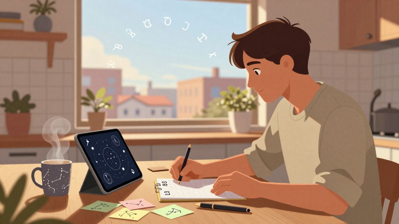 Jovem a escrever num caderno, com chá quente e tablet com mapa astral numa cozinha iluminada.