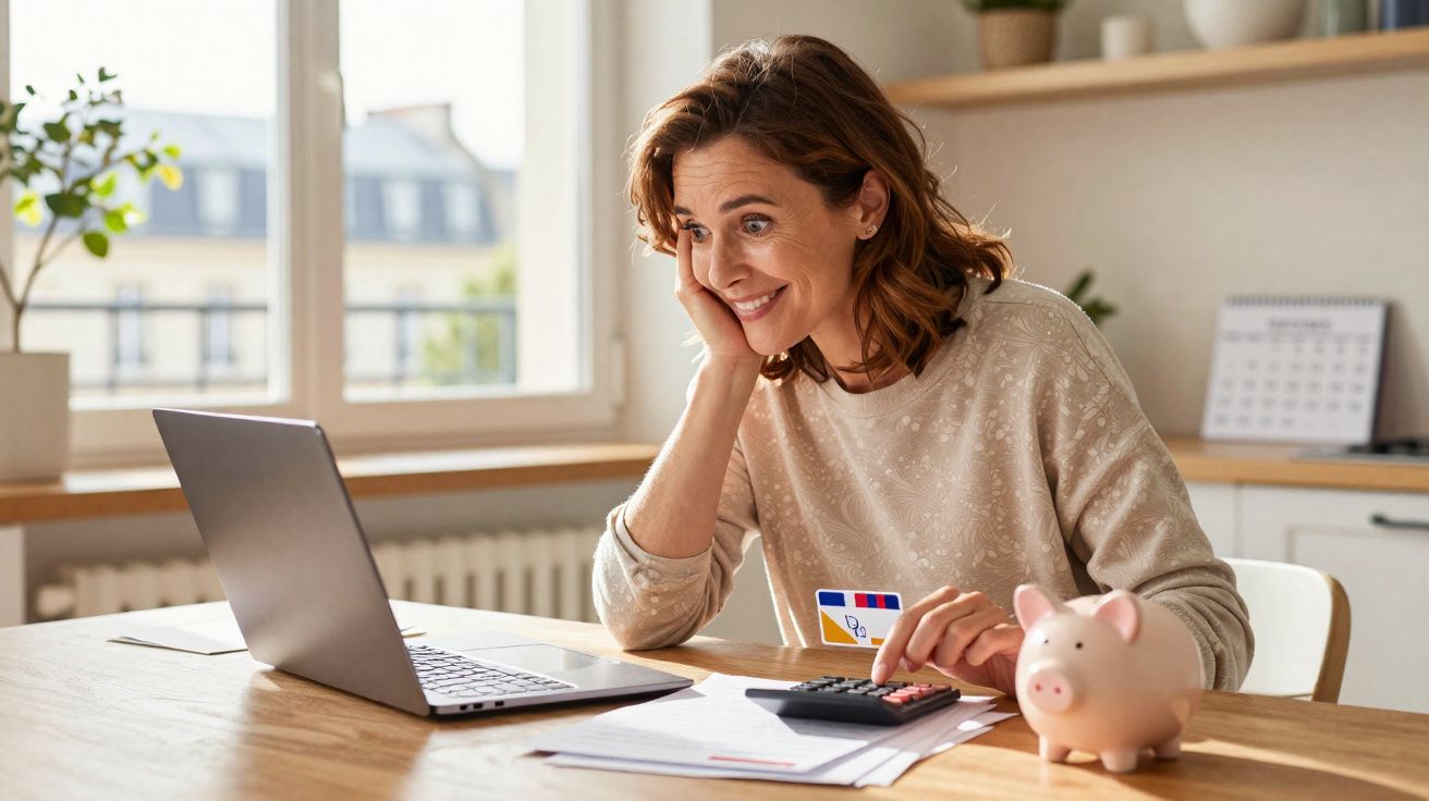 Mulher sorridente usa computador e calculadora para gerir finanças com mealheiro em mesa luminosa.