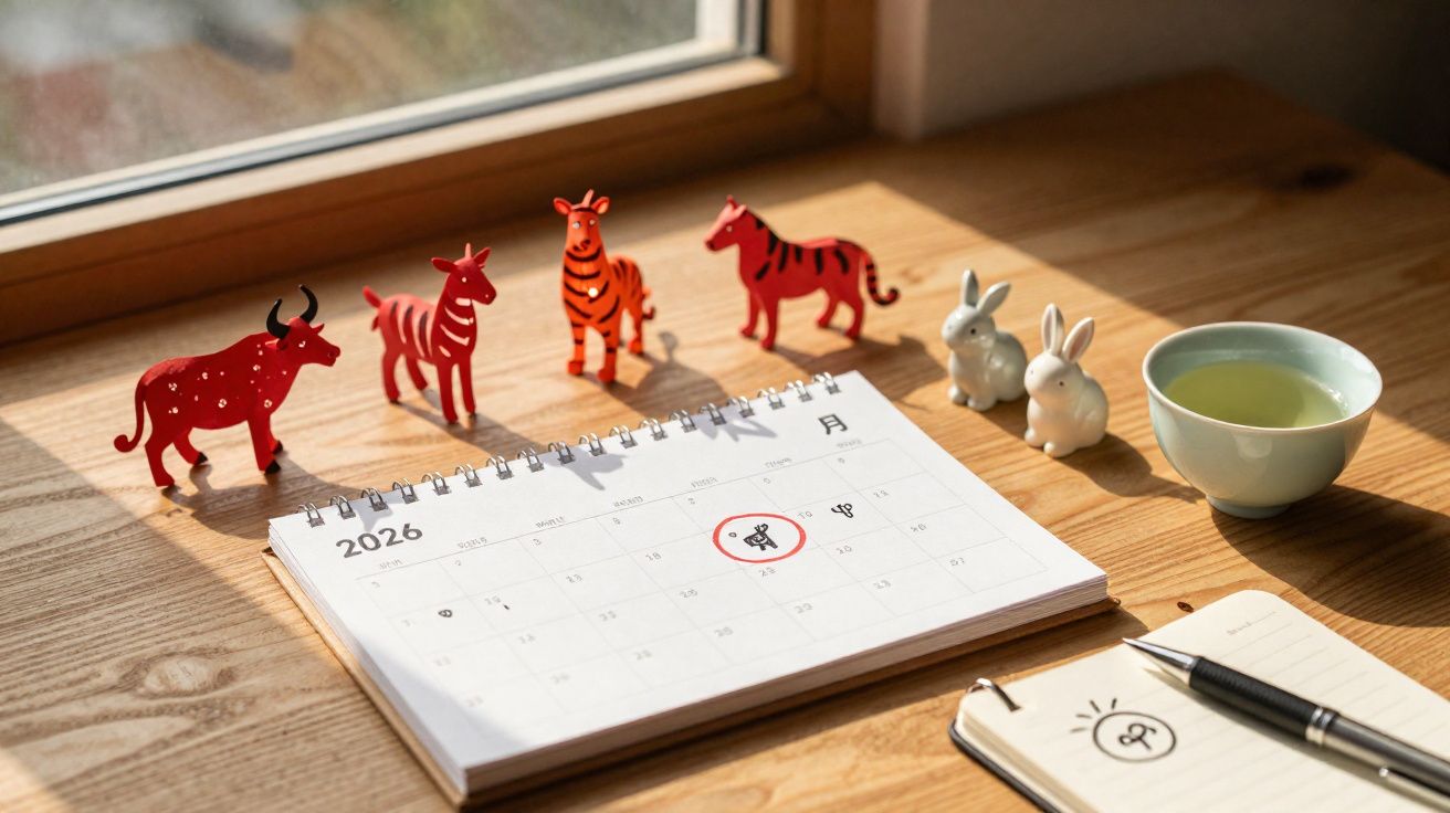 Calendário de 2026 com data marcada, figuras de animais coloridos, caderno com desenho e chá verde numa mesa junto à janela.