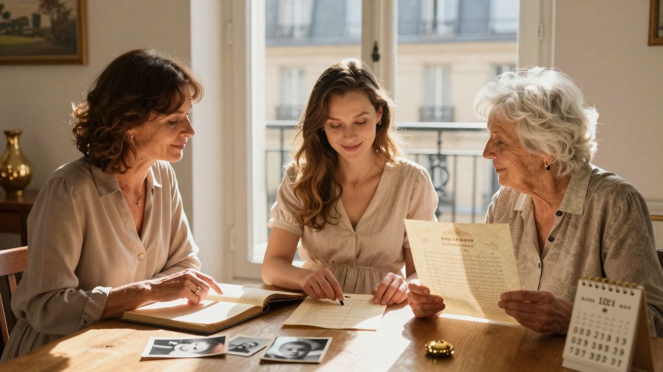 Três gerações de mulheres sentadas à mesa a conversar e olhar documentos e fotos antigas.