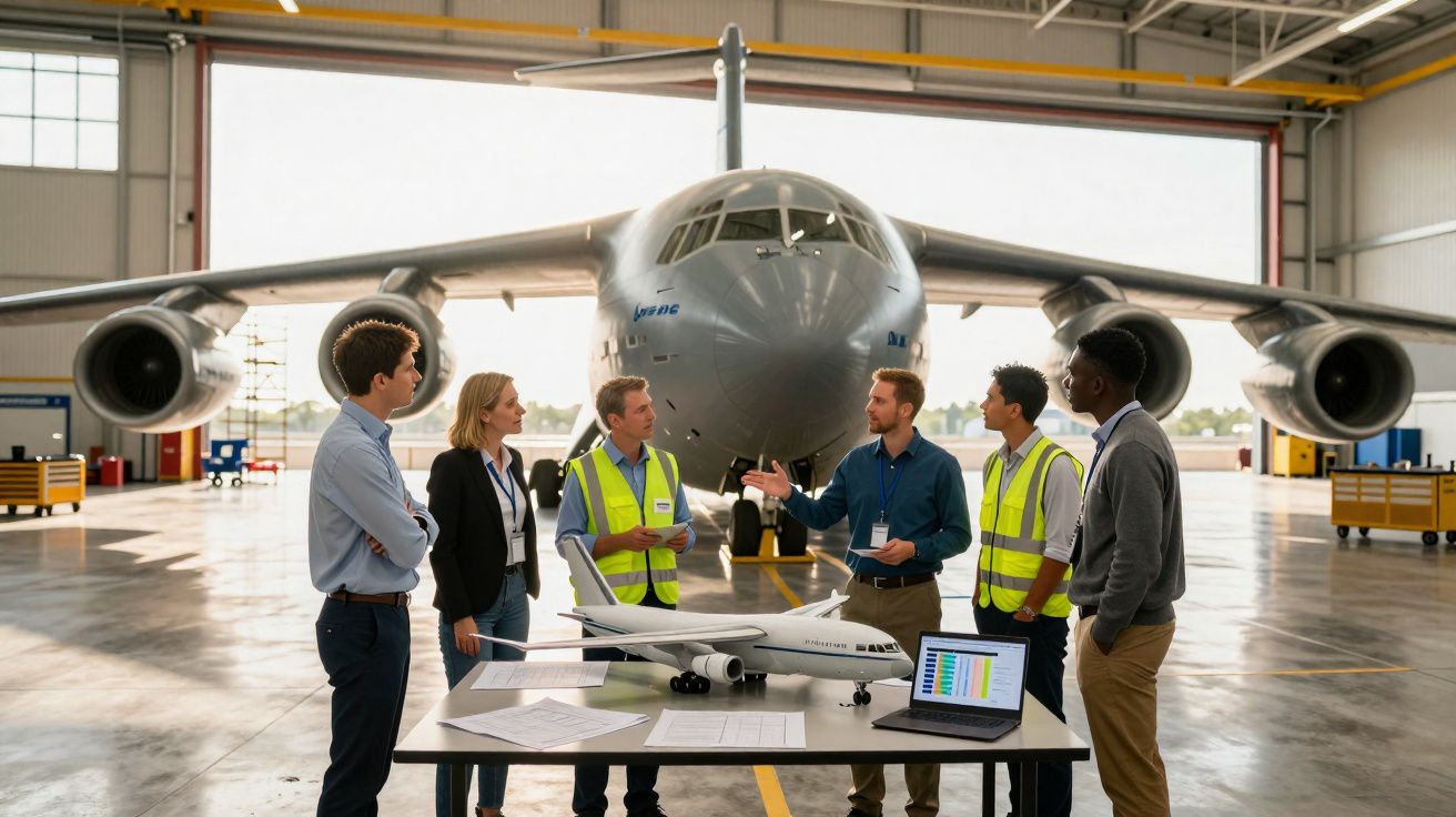 Grupo de engenheiros e técnicos em reunião junto a uma grande aeronave num hangar de aviões.