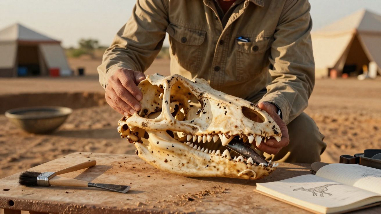 Pessoa segura um crânio grande de animal num ambiente desértico com tendas ao fundo.