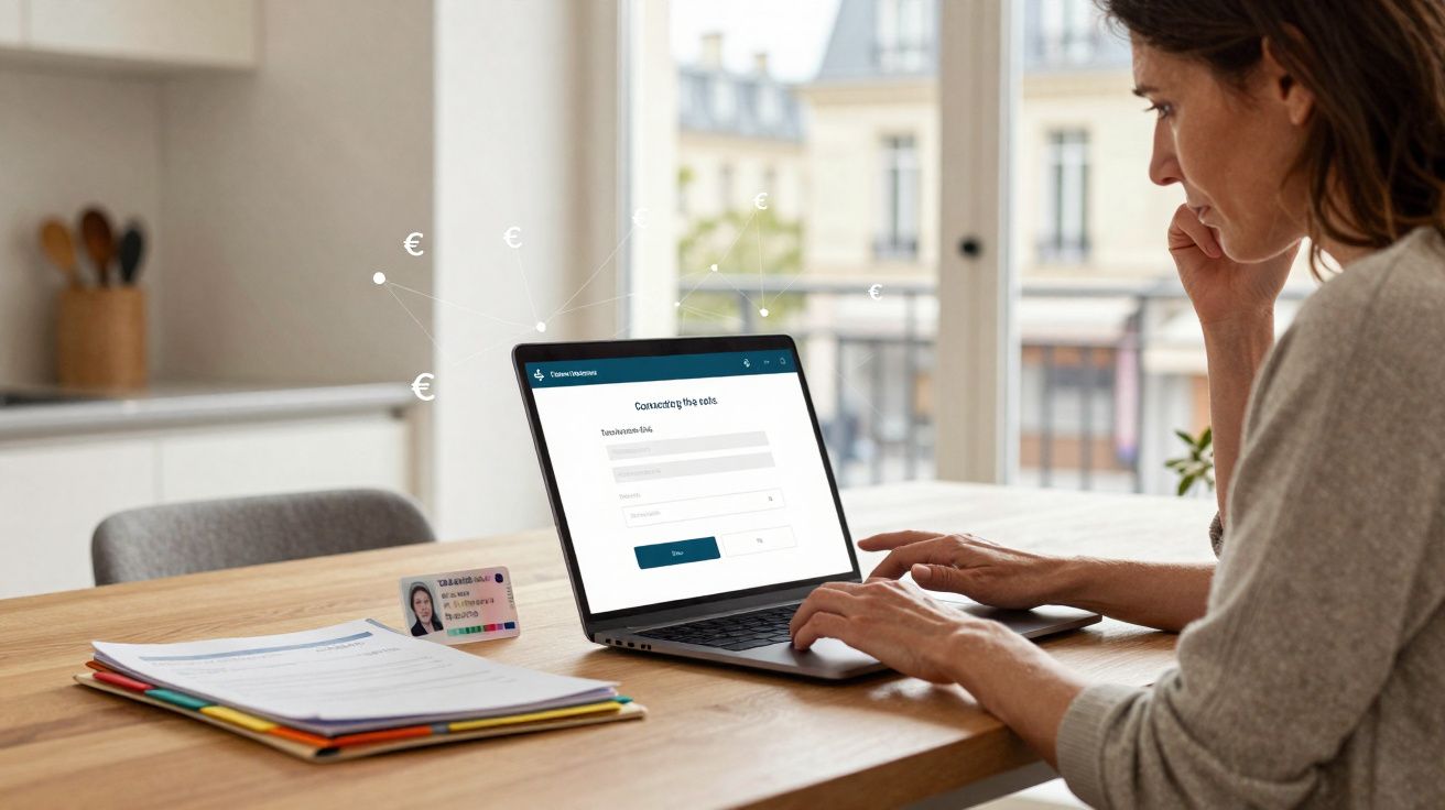 Mulher a usar computador portátil em mesa com documentos e cartão de cidadão, em ambiente doméstico.