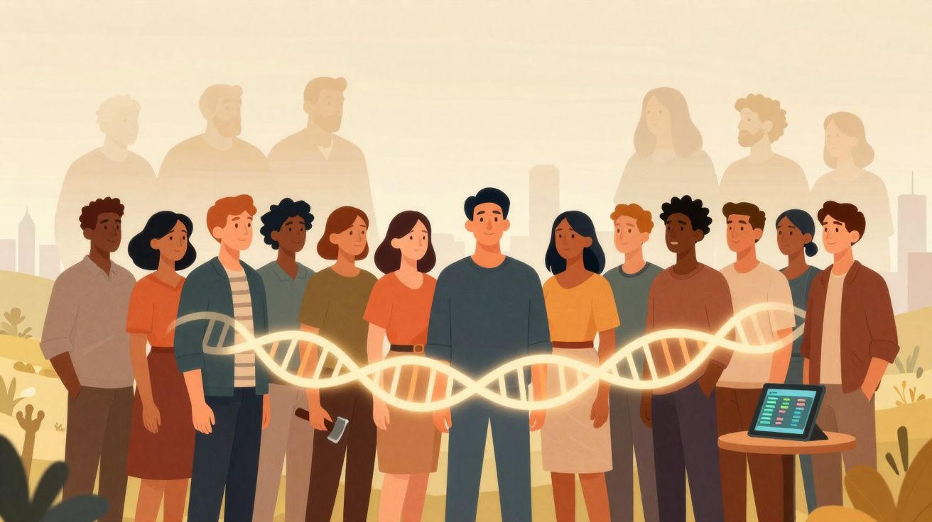 Grupo diversificado de pessoas com hélice de ADN luminosa e ecrã com dados genéticos.