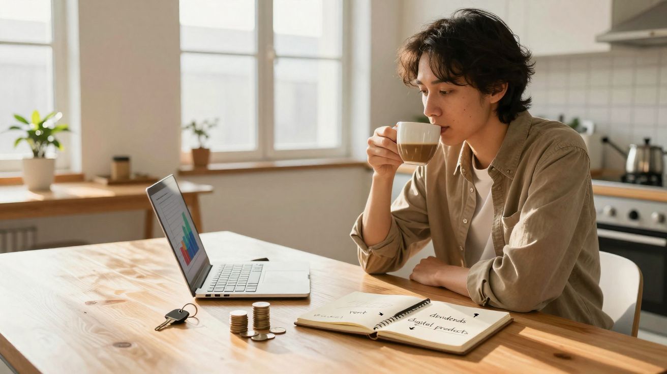 Pessoa jovem a beber café enquanto analisa gráficos num portátil, com cadernos e moedas numa mesa de madeira.
