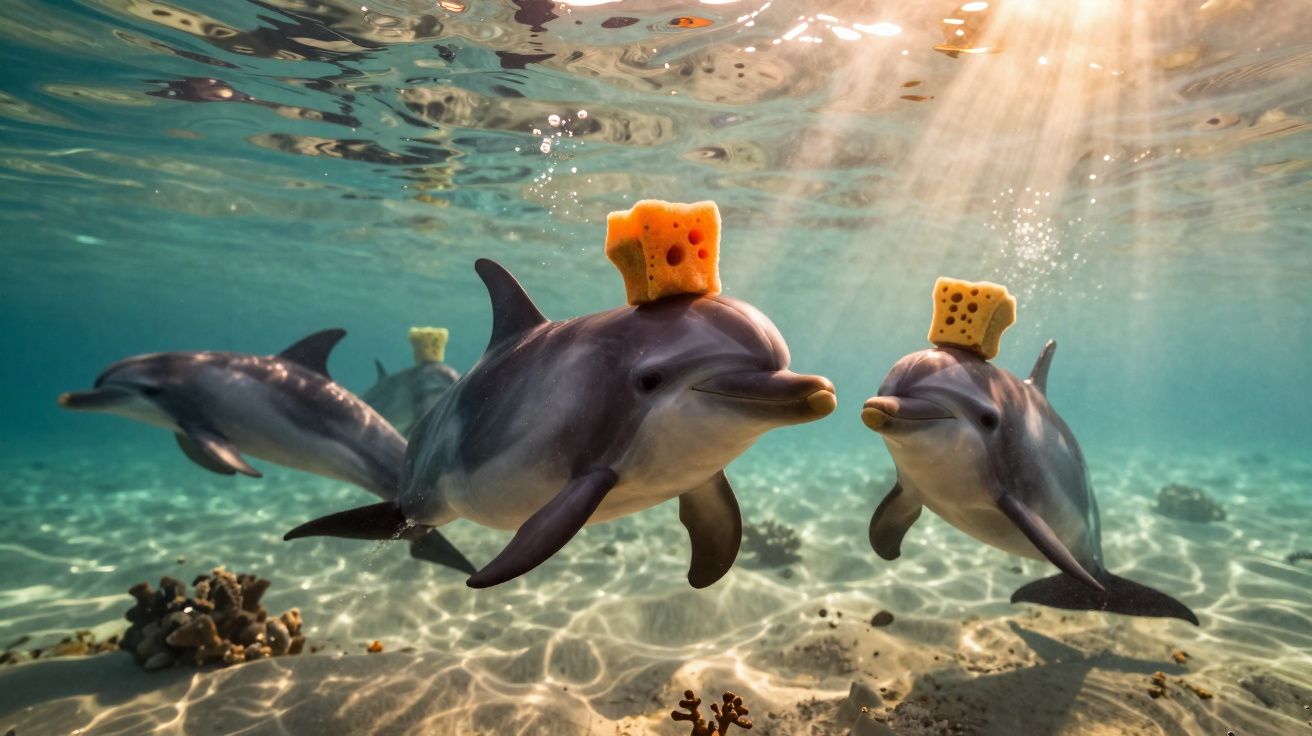 Golfinhos subaquáticos com esponjas amarelas na cabeça, luz do sol a penetrar a água cristalina.