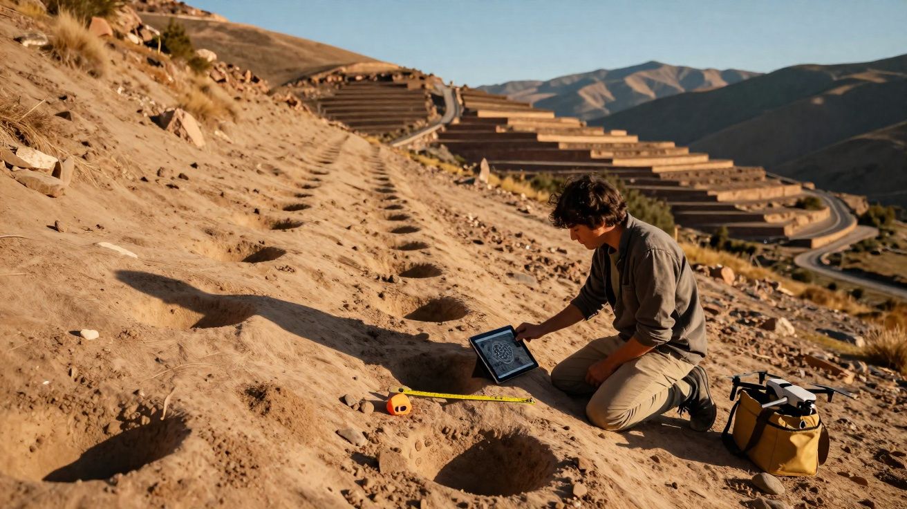 Pessoa kneeling no deserto junto a buracos no solo, segurando tablet, com equipamento e fita métrica ao lado.