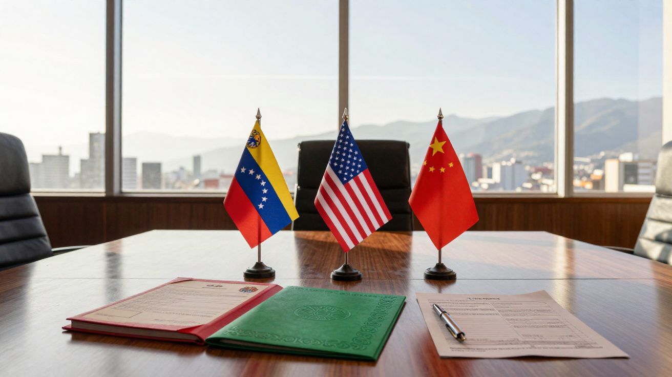 Bandeiras da Venezuela, Estados Unidos e China numa mesa de reunião com documentos e caneta.
