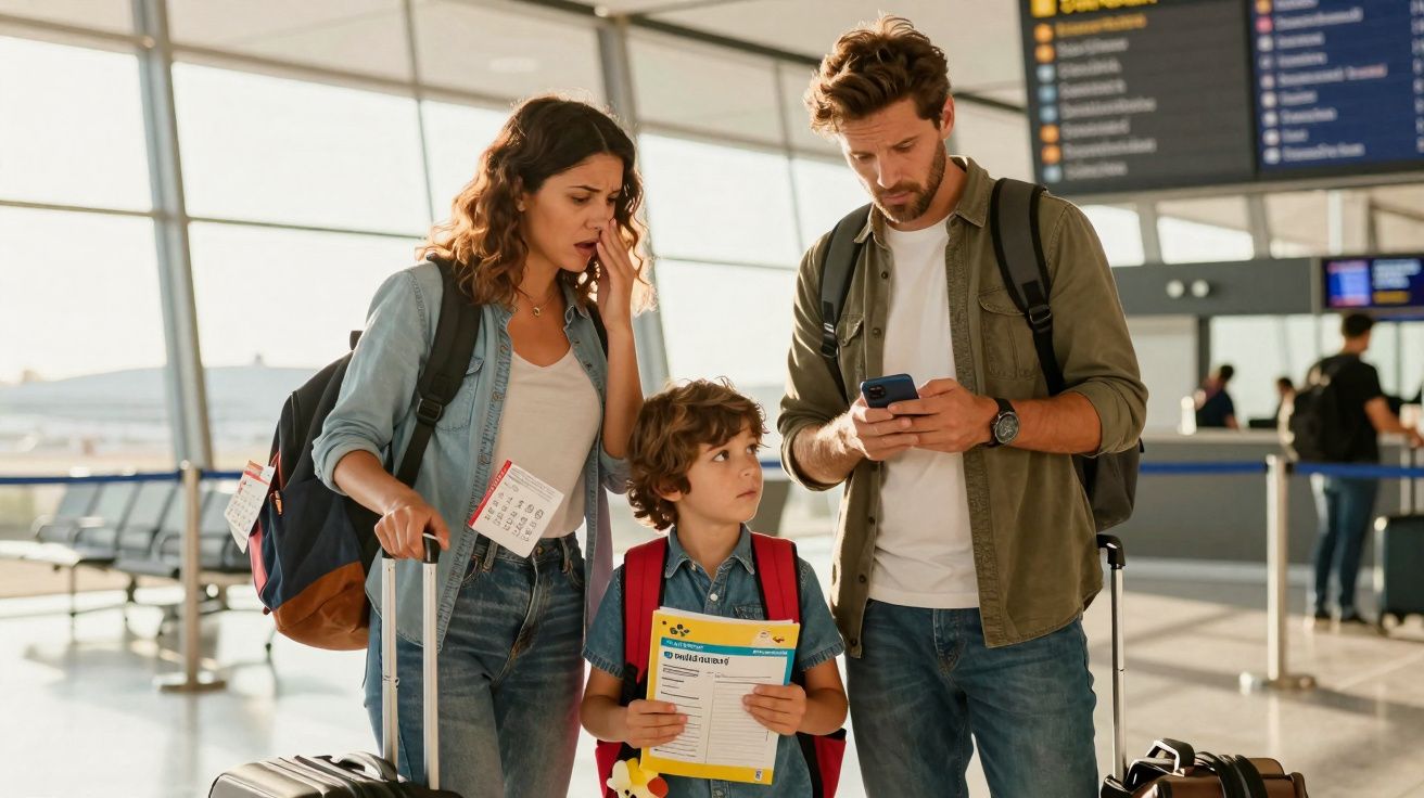 Família com malas no aeroporto, parecem preocupados a verificar voos no telemóvel e com papéis nas mãos.