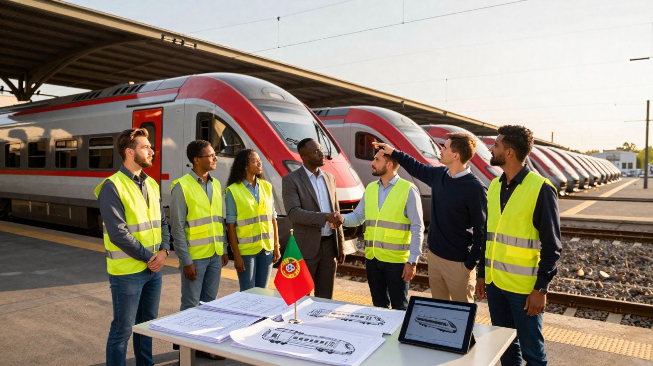 Grupo de profissionais com coletes refletores junto a comboios vermelhos numa estação, com esboços e bandeira de Portugal sob