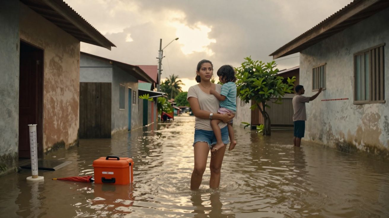 Mulher com criança ao colo em rua inundada, com homem a medir nível de água nas paredes de casas.