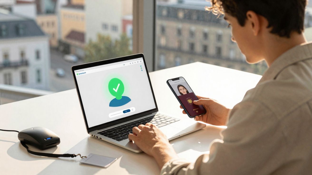Pessoa a usar laptop e smartphone para verificação digital com símbolo de visto verde num ambiente luminoso.