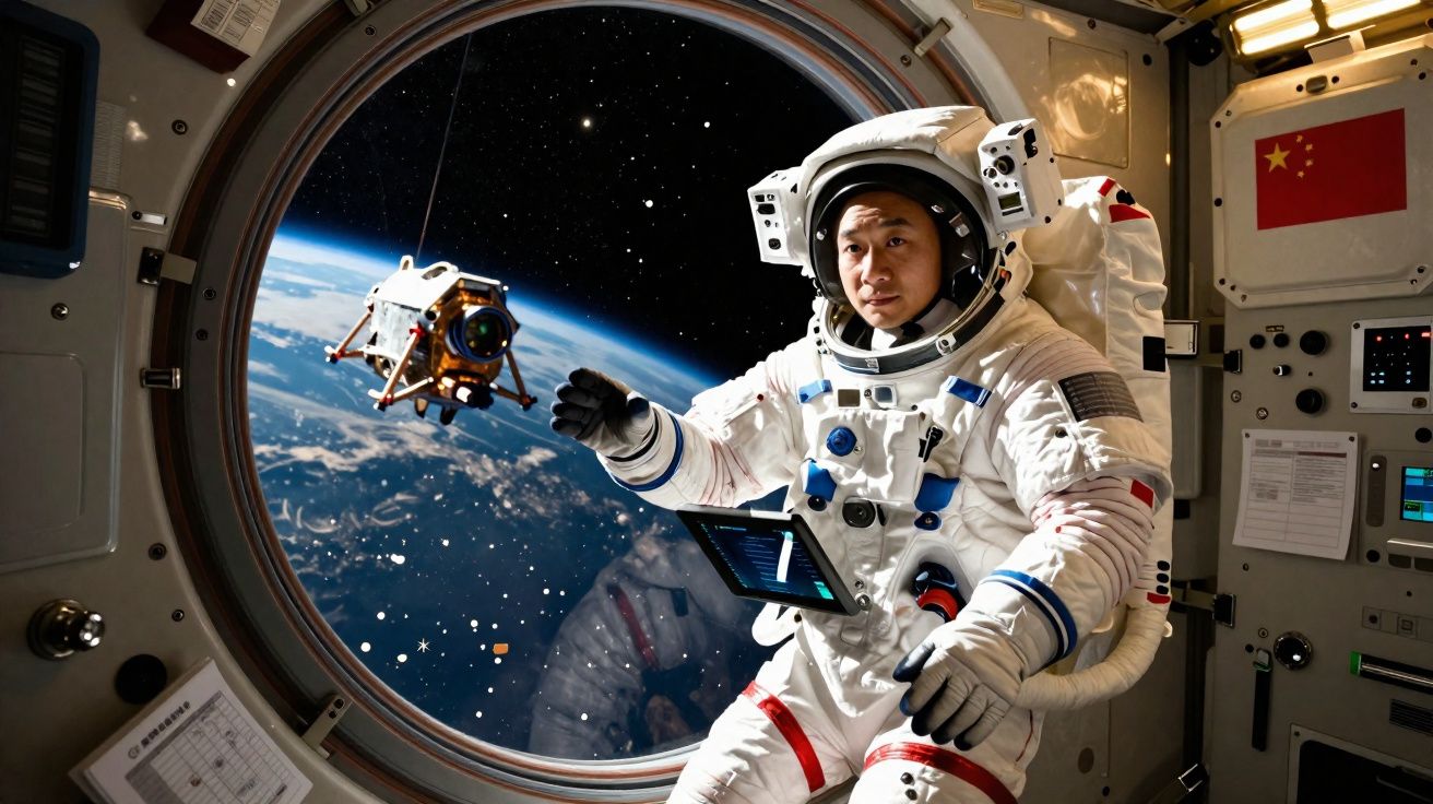Astronauta chinês em fato espacial junto a janela da estação, com vista da Terra e satélite no espaço.