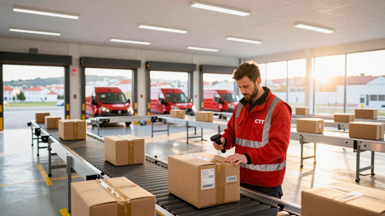 Funcionário dos CTT a enviar e verificar encomendas numa linha de montagem numa central de distribuição.