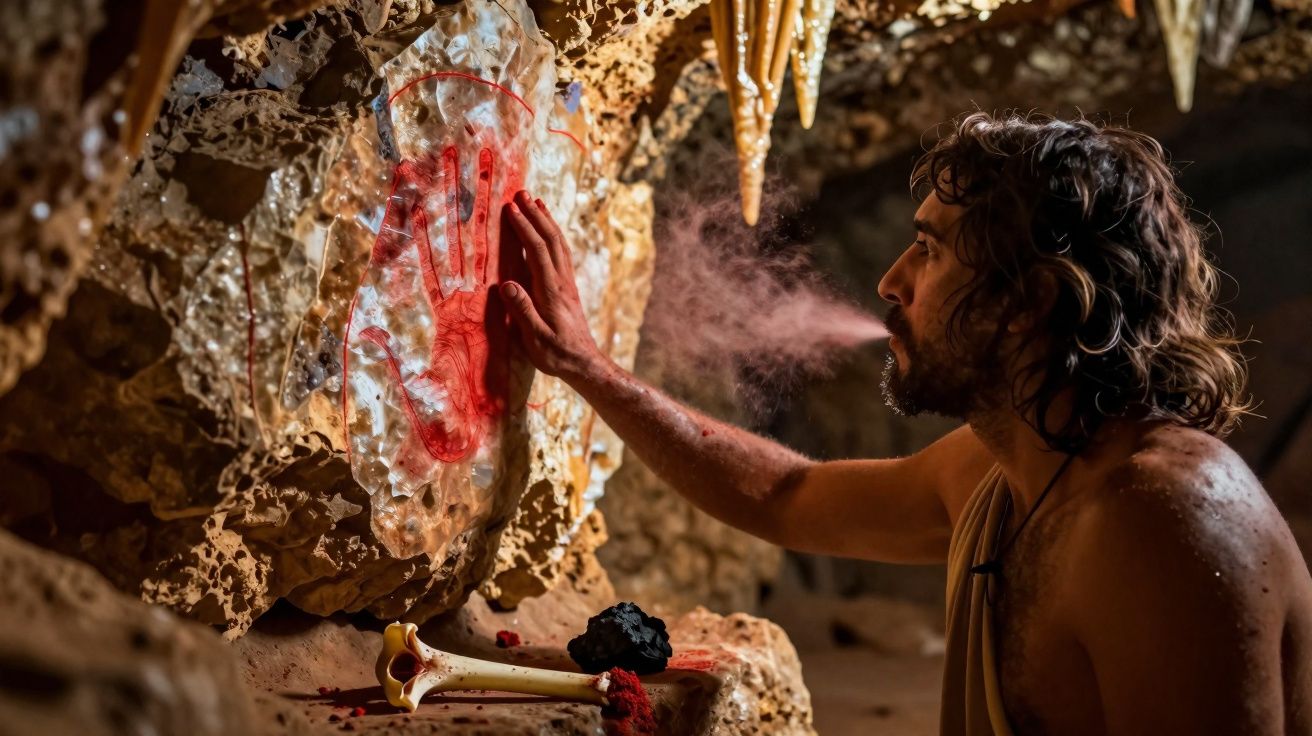 Homem pré-histórico aplica pintura vermelha em mão numa parede de caverna com stalactites ao fundo.