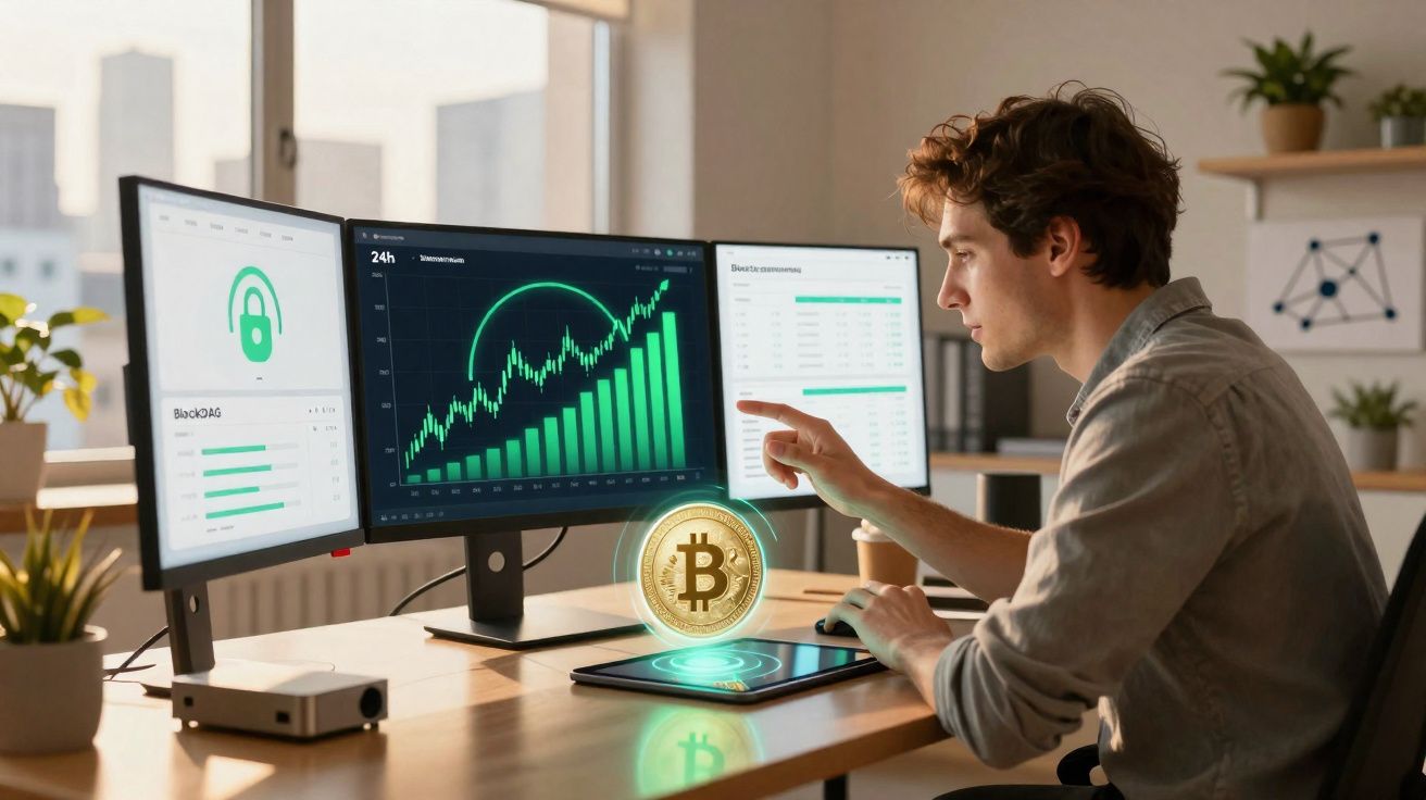 Jovem a analisar gráficos de criptomoedas e um Bitcoin holográfico numa mesa com três ecrãs de computador.