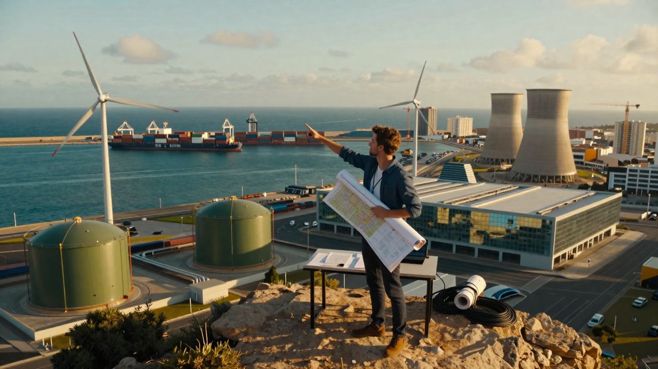 Engenheiro com plantas aponta para o porto e turbinas eólicas numa cidade industrial costeira ao pôr do sol.