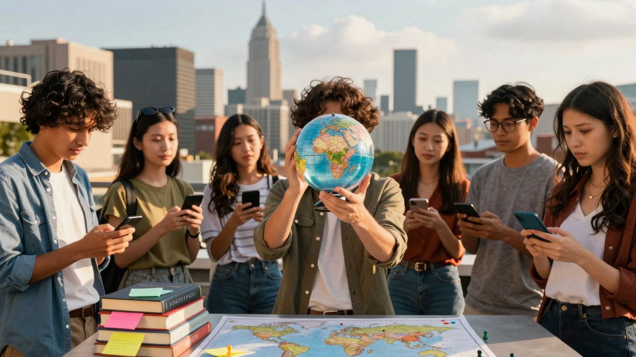 Grupo de jovens com telemóveis em volta de mesa com mapas e livros, com edifícios ao fundo.