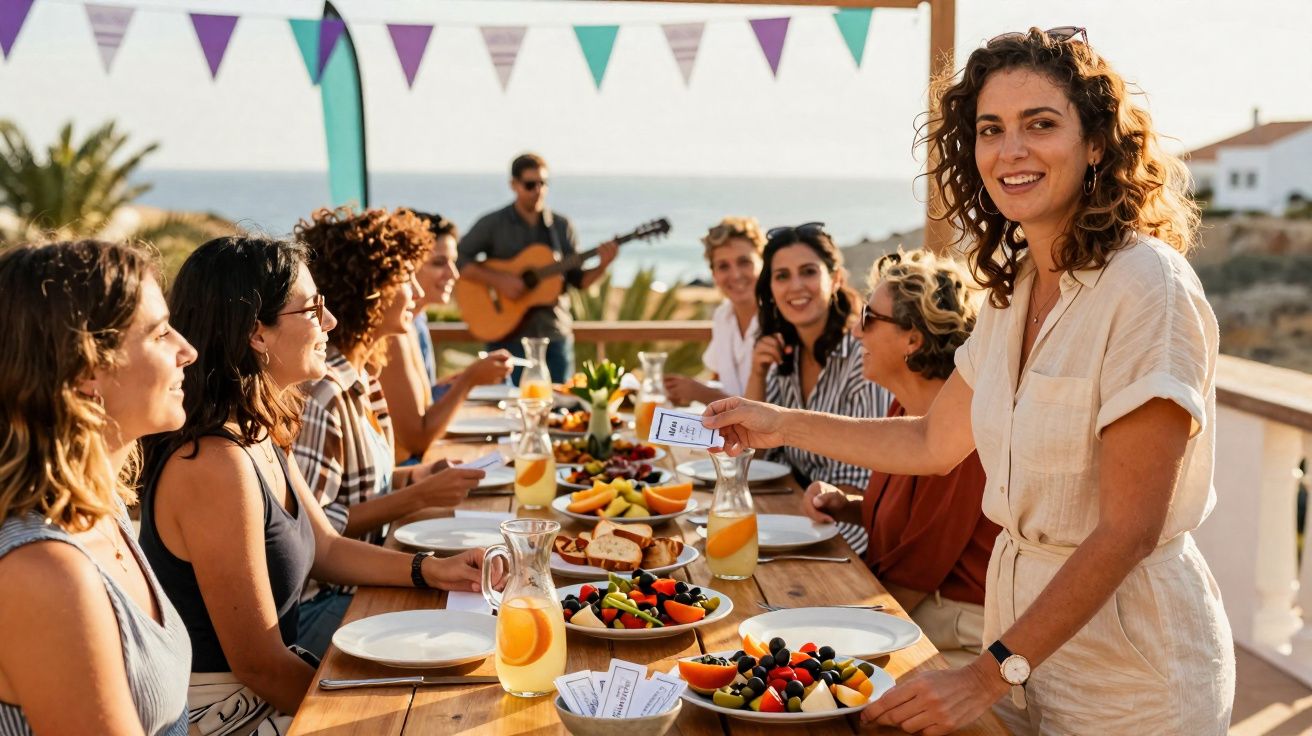 Grupo de pessoas a celebrar um almoço ao ar livre com frutas e sumos, com músico a tocar guitarra ao fundo.