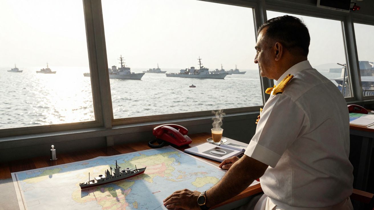 Oficial naval observa frotas de navios de guerra pelo vidro, navega com mapa marítimo e modelo de navio na mesa.