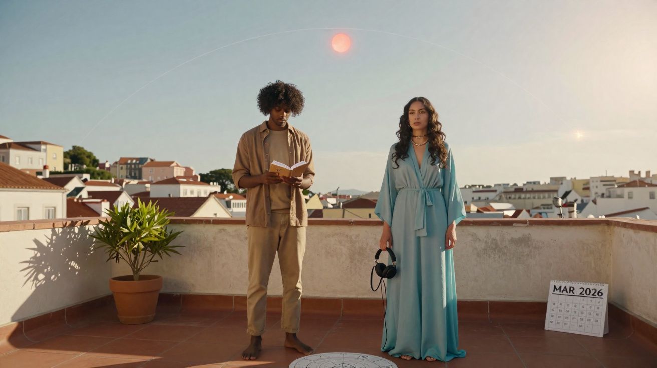 Jovem de pé numa varanda a ler um livro e mulher ao lado com vestido azul e auscultadores na mão.