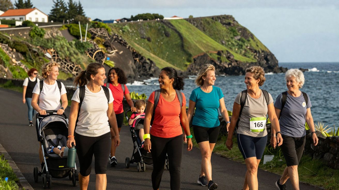 Grupo diverso de mulheres caminhando alegres em trilho junto ao mar com carrinhos de bebés e paisagem verde.