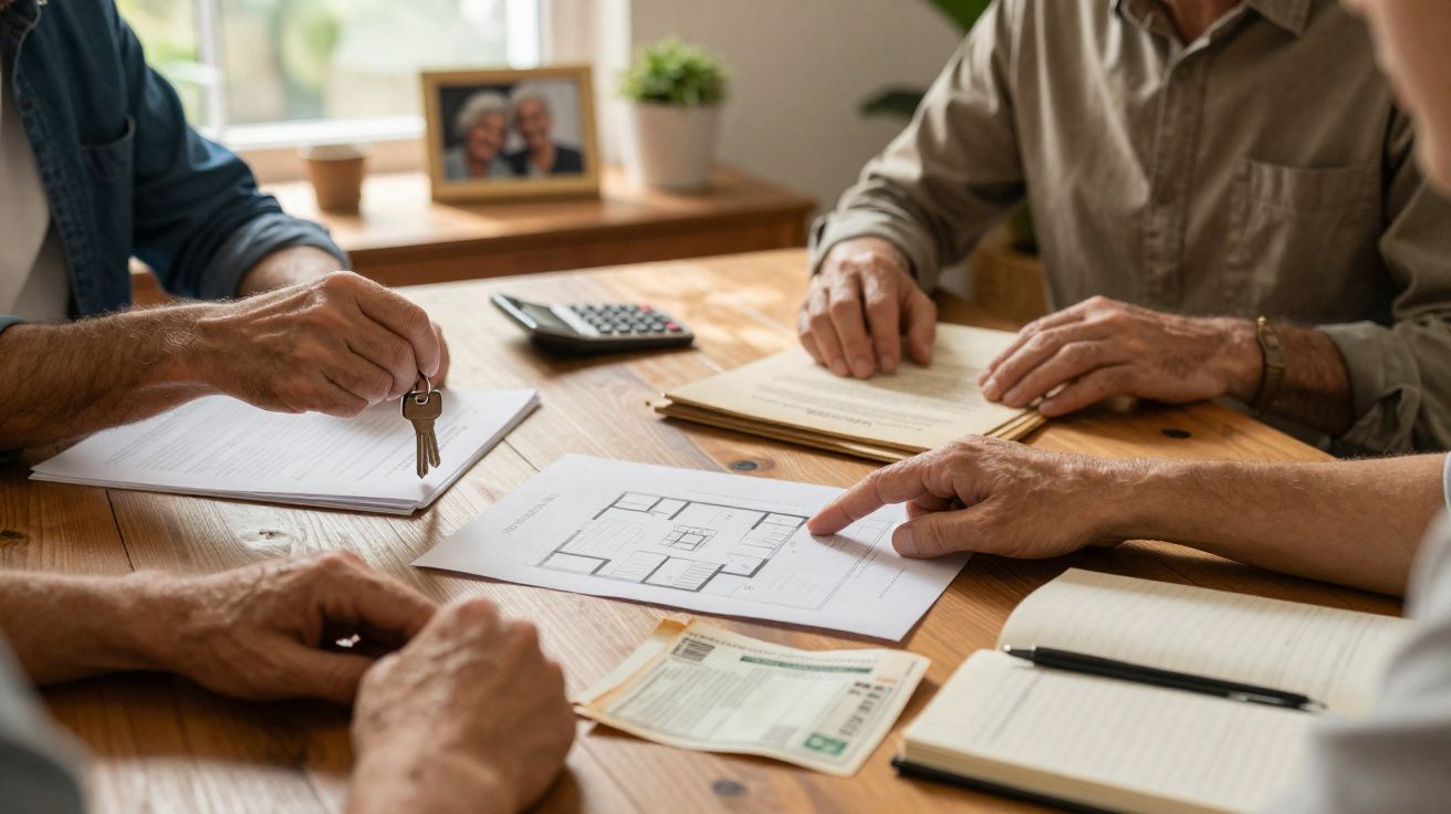 Quatro pessoas sentadas à mesa a discutir planta de imóvel e documentos, com chave e dinheiro visíveis.