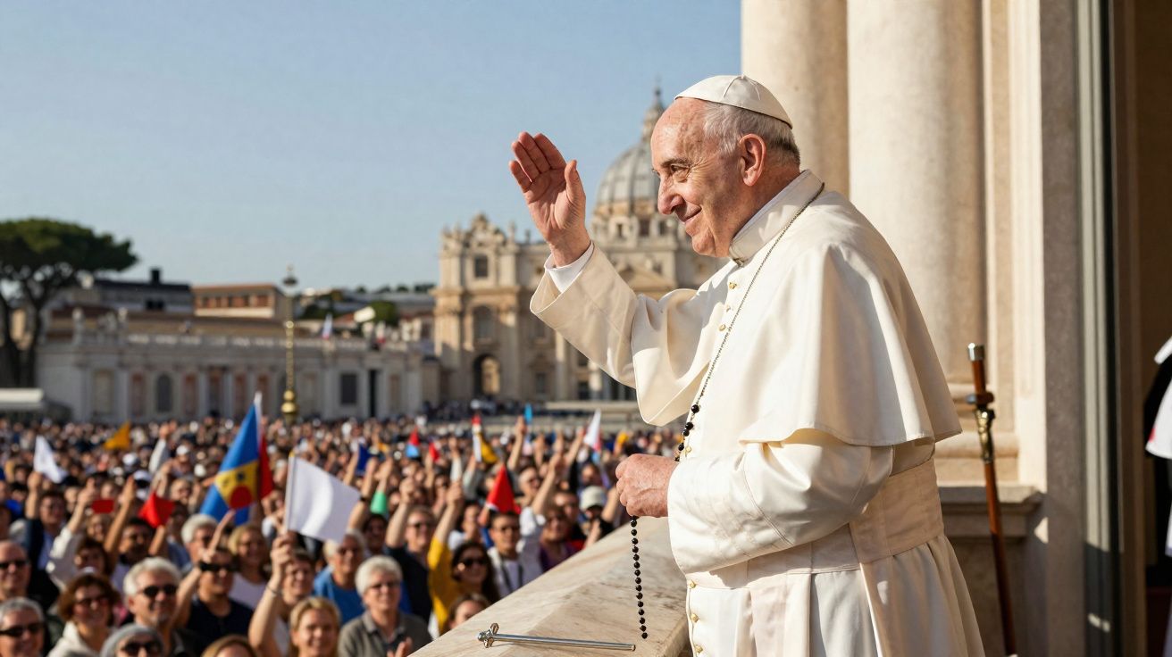 Papa Francisco acenando para multidão na varanda da Basílica de São Pedro no Vaticano.