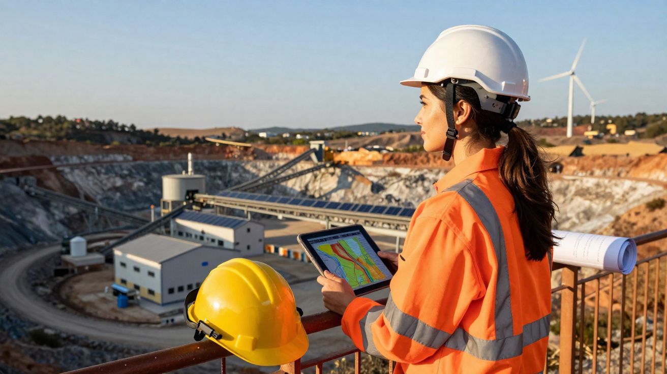 Mulher com capacete branco e colete laranja observa um tablet em mina a céu aberto ao pôr do sol.